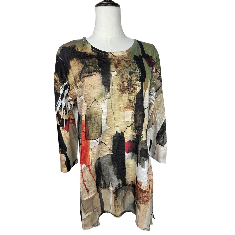Jess & Jane Tunic Large Multicolor Abstract Art Slub Knit Top Art To Wear Earthy